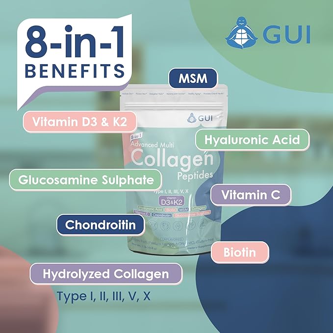 8in1 Advanced Multi Collagen Peptides 16 Oz - Hydrolyzed Protein | Type I II III V X with Vitamin D3 &amp K2 Hyaluronic Acid Biotin Vitamin C MSM Glucosamine Sulphate &amp Chondroitin - Un
