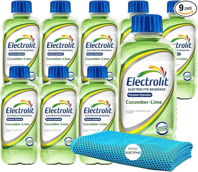 Electrolit Cucumber Lime Hydration Drink With Electrolytes 21 fl oz Plastic Bottles 9 Pack + 1 Microfiber Cooling Towel by KOOL8SHOP Infinite Deals