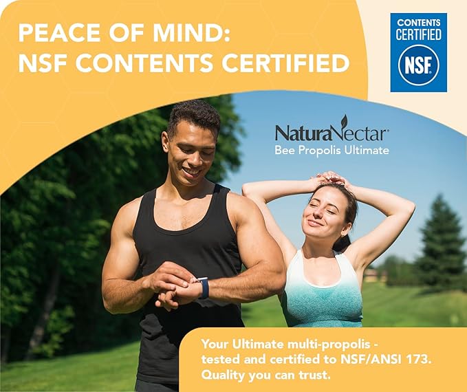 NaturaNectar - Ultimate Bee Propolis Capsules - NSF Contents Certified -Brazilian Red Brown &amp Green - Gluten-Free Supplement with Flavonoids - Naturally Sourced Through Ethical Beekeeping (60pcs
