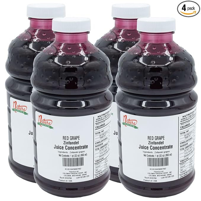 Nature Blessed 100% Pure Zinfandel Red Grape Fruit Juice Concentrate - 4 Quarts (4/32 fl oz bottles) Great for Home Vintners Home Brewers Mead Smoothies or Making Jelly