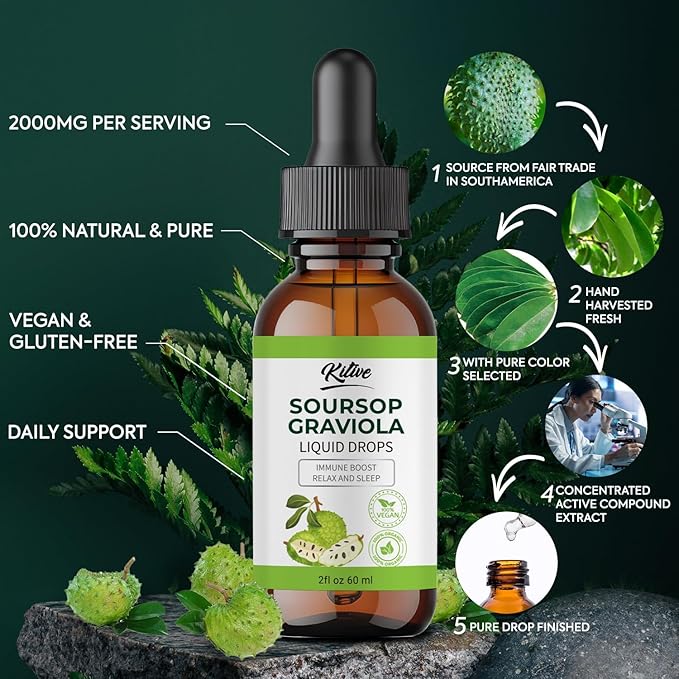 Organic Soursop Bitters Liquid Drops: Cell Support &amp Regeneration Immune Boost Relaxation-Organic Soursop Bitters Liquid Extract Pure Vegan Gluten-Free for Men &amp Women 60ml