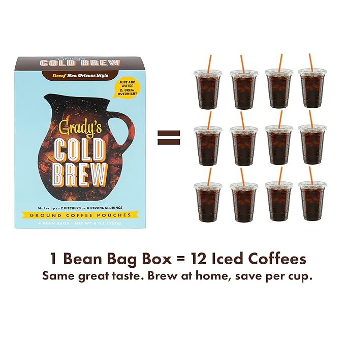 GRADY’S COLD BREW New Orleans Style - DECAF 100% Arabica Ground Coffee &amp Chicory Pouches ONE Bundle of 4 Easy-to-Brew Bean Bags Makes 12 drinks