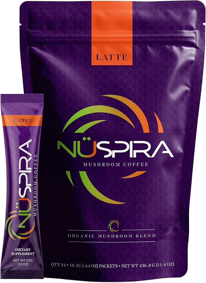 NüSpira - Latte Mushroom Coffee - Premium Blend of 6 Adaptogen Mushrooms for Vitality Brain Clarity Gut Health &amp Immune Support - 24 Pack