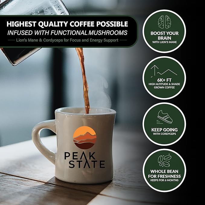 Peak State Calm Descent Decaf – Organic Mushroom Coffee with Benefits Low Acid and Smooth Dark Chocolate Caramel and Sweet Grape Notes Whole Bean Gluten Free 12 oz