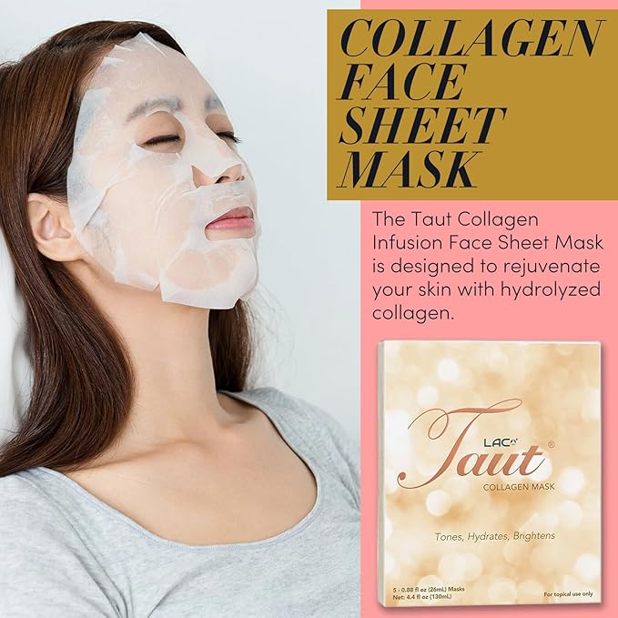 TAUT Collagen Face Mask – 5 Sheet Pack with Hyaluronic Acid Marine Collagen &amp Vitamin C – Hydrating Anti-Aging Sheet Mask for Firm Glowing Skin – Korean Skincare Inspired