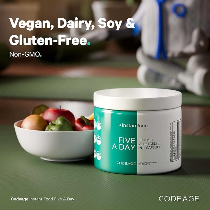 Codeage Instantfood Five A Day – Fruits &amp Vegetables Capsule Supplement – Whole Food Phytonutrients – 15 Fruits and Veggies Blend - Vegan Non-GMO – 30 Capsules