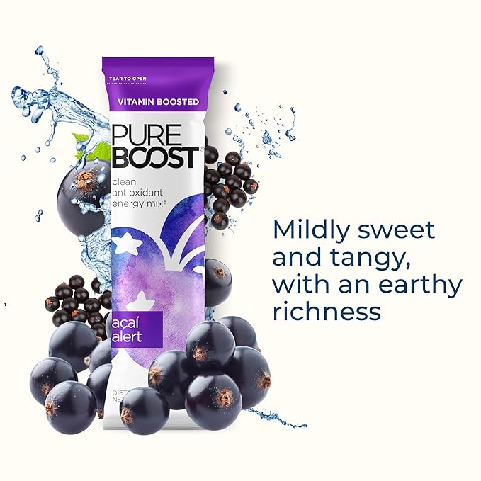 Pureboost Clean Energy Booster Refreshing Energy Drink Mix with B12 Vitamins Electrolytes Antioxidants Sugar-Free with No Sucralose (Acai Alert 30 Count)