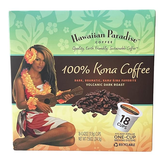 Hawaiian Paradise Coffee 100% Kona Coffee Single Serve Cups- 18 Count- Volcanic Dark Roast Made in Hawaii - Compatible with Keurig