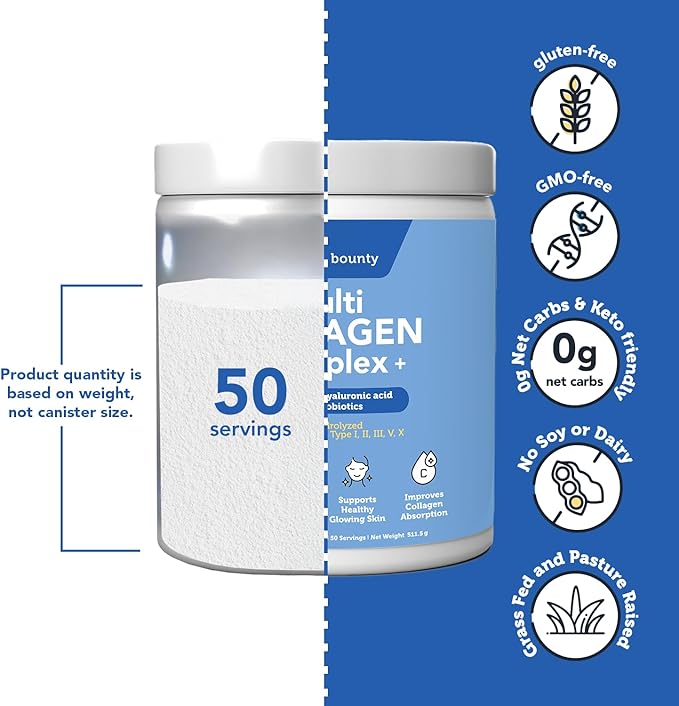 Vitamin Bounty Multi Collagen Peptides Powder for Men &amp Women (Complex Plus) - 5 Types Hydrolyzed Collagen Protein - Probiotics Vitamin C &amp Hyaluronic Acid - Grass Fed Bovine Supplements 50