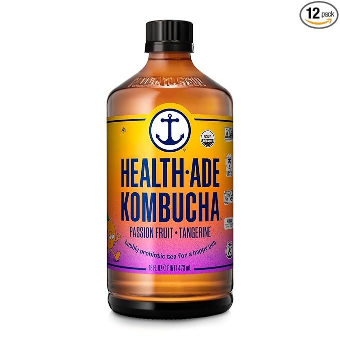 Health-Ade Kombucha Tea Organic Drink Fermented Tea with Living Probiotics Detoxifying Acids Supports Gut Health Non-GMO Vegan Gluten Free 12 Pack (16 Fl Oz Bottles) Passion Fruit Tangerine