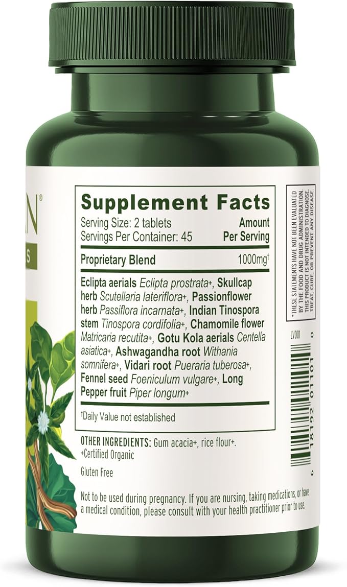 Banyan Botanicals Organic Tranquil Mind – Nervous System Support &amp Physical Relaxation Supplement – with Skullcap Passionflower &amp Gotu Kola – Non-Drowsy Systemic Grounding – 90 Tablets – USDA