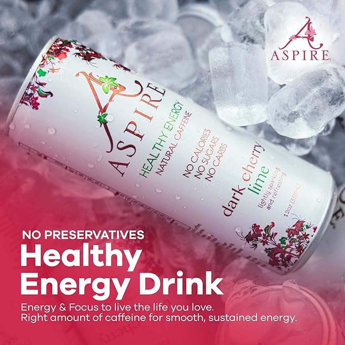 Aspire Dark Cherry Lime Healthy Energy Drink Natural Caffeine from Green Tea Keto-Friendly Sugar-Free Zero Calories 12 fl oz Cans (Pack of 12)