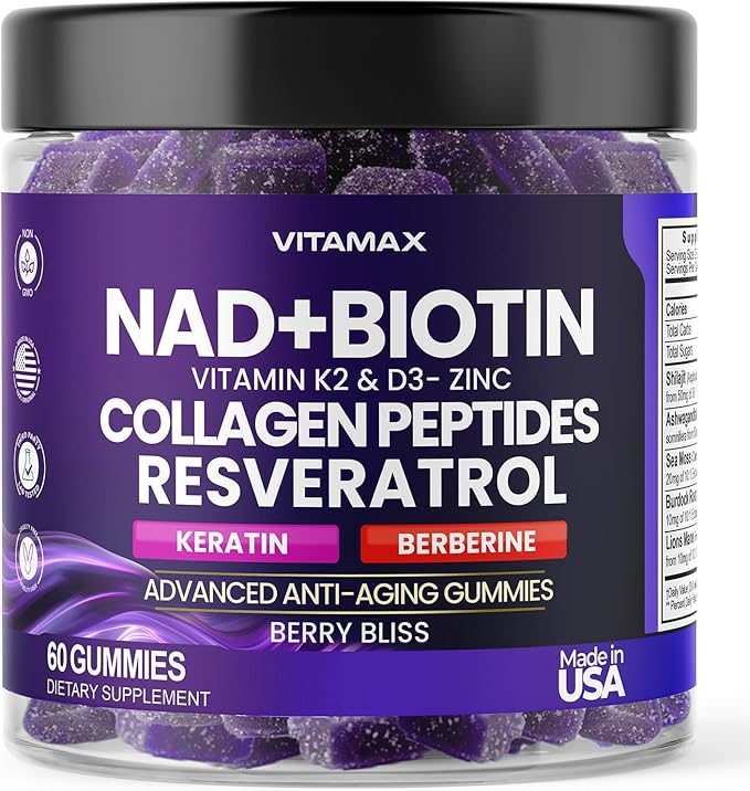 NAD+ Resveratrol Berberine &amp Biotin Anti-Aging Gummy - Hair Skin Nails &amp Joint Supplement - Collagen Peptides Keratin Zinc Vitamin K2 &amp D3 Gummies -Regeneration- Non-GMO - Made in