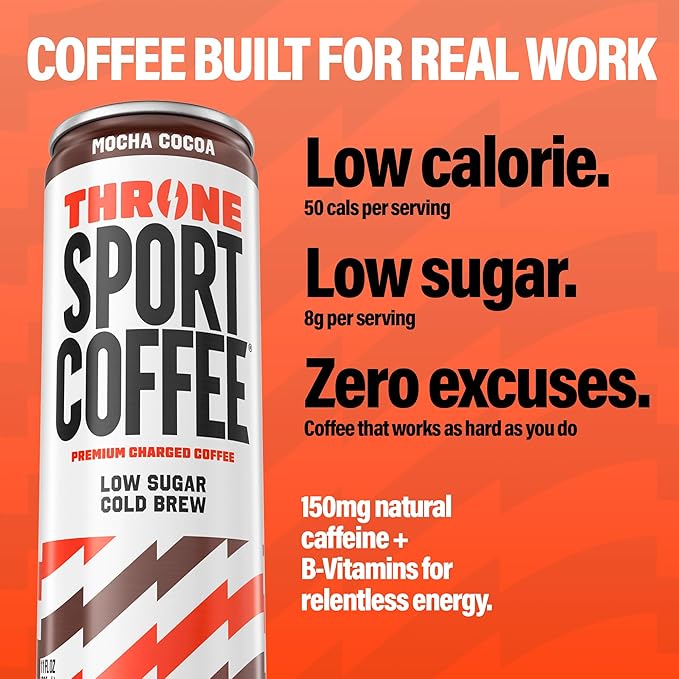 Throne Sport Coffee Cold Brew – Low Sugar. 150mg Natural Caffeine and B Vitamins – Dairy-Free Low Calorie –Premium Arabica NSF Certified Active Lifestyles – Mocha Cocoa 12 Pack