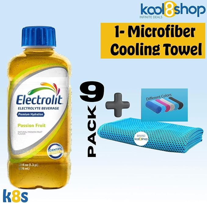 Electrolit Passion Fruit Hydration Drink with Electrolytes 21 fl oz Plastic Bottles 9 Pack + 1 Microfiber Cooling Towel by KOOL8SHOP Infinite Deals