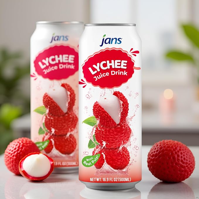 Lychee Juice Drink with Pulp 16.9 oz (Bulk Pack of 12) by Jans — Fat-Free Cholesterol-Free Refreshing Taste of the Tropics