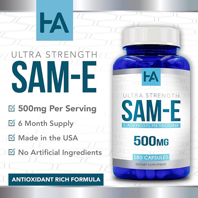 High Strength 500mg SAM E Supplement | S-Adenosyl Methionine SAMe Supplement for Bone Joint &amp Mood Support for Men and Women | Vegan Non-GMO &amp Made in US cGMP Labs (180 Veggie Capsules)