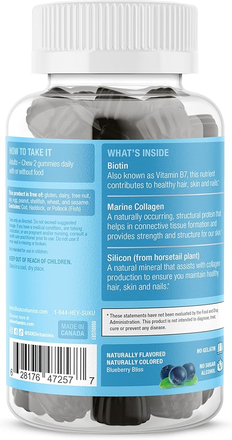 SUKU Vitamins - Luscious Hair - Silicon Biotin and Hydrolyzed Marine Collagen Gummies for Skin Hair &amp Nails - Easy to Chew - Non GMO Gluten Sugar Free - Blueberry Flavored Gummy Vitamins - 50 Co