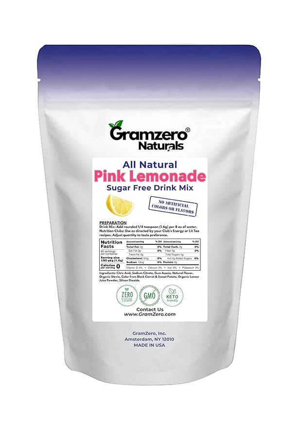 GramZero All Natural Pink Lemonade Zero Calorie Sugar Free Drink Mix Great For Nutrition Club Loaded Tea Stevia Sweetened