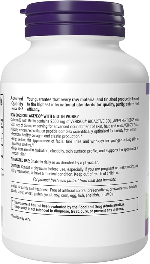 Webber Naturals Collagen30 with Biotin 2500 mg of Bioactive Collagen Peptides with 5000 mcg of Biotin Per Serving 120 Tablets For Advanced Nourishment of Skin Hair and Nails Dairy &amp Gluten