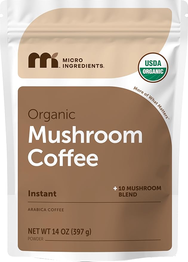 Organic Instant Mushroom Coffee 14 oz | Medium Roast Arabica | 10-Mushroom Blend with Lion’s Mane Reishi Chaga &amp More | Certified Organic | Gluten Dairy Soy &amp Tree Nut Free