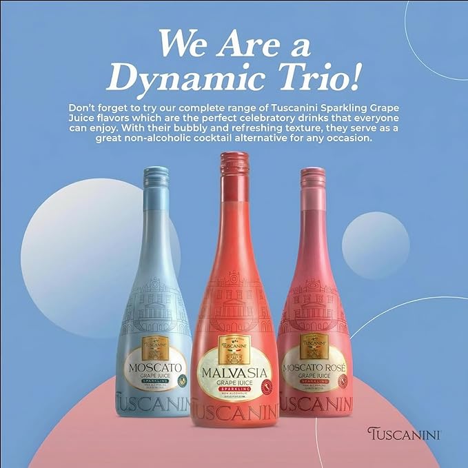 Tuscanini Italian Sparkling Malvasia Grape Juice 25.4 oz (2 Pack) | Non-Alcoholic Celebration Drink | Elegant Champagne Bottle | Imported from Italy | Great for Mocktails | Kosher