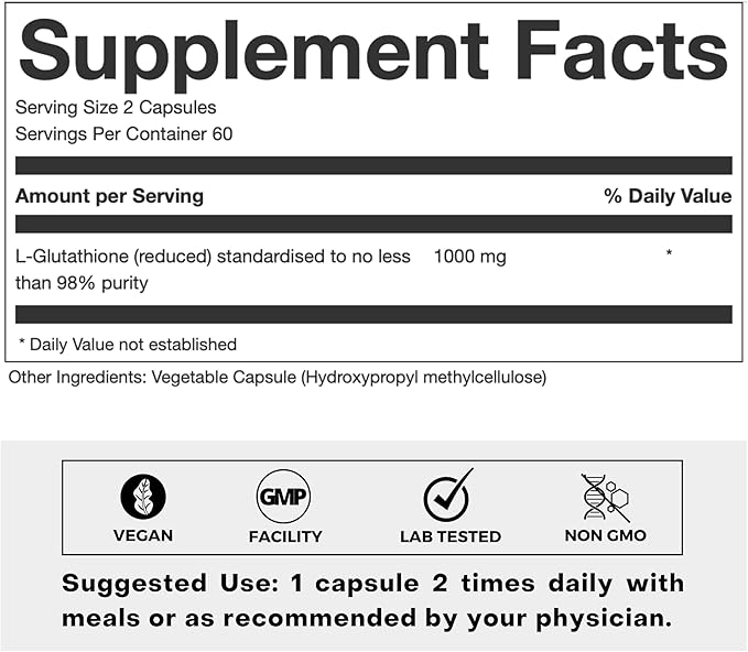 Ultra High Strength L-Glutathione 98% Supplement for Glowing Skin - Collagen Supplements for Women and Men - 500mg Concentrated Formula Reduced L-Glutathione Supplement - 60 Capsules