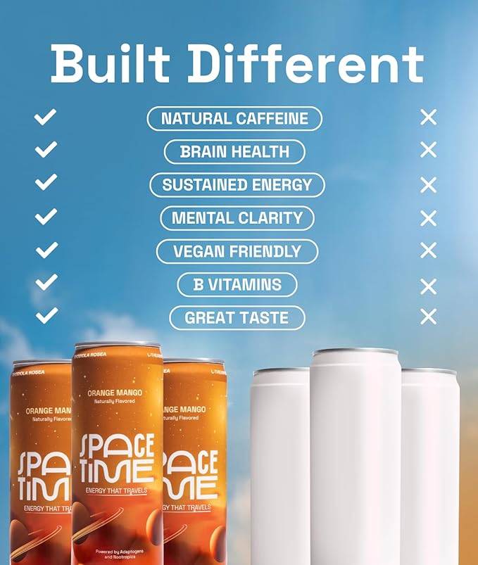 SpaceTime Productivity &amp Focus Energy Drink – Real Juice Infused Nootropic Drink with 50mg Organic Caffeine L-Theanine Rhodiola &amp B Vitamins – Clean Low-Caffeine Brain Boost – Orange Mango