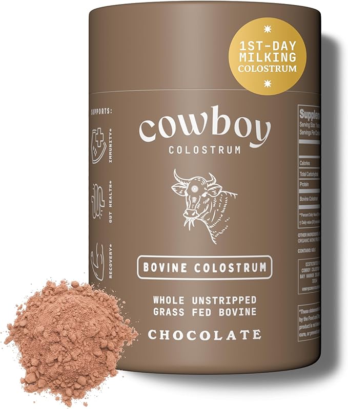 Cowboy - The Exclusive 1st Milking Whole Grass Fed Colostrum Supplement for Full Body Health - Bovine Colostrum Powder Packed w/Bioactive Nutrients - Sugar Free (Chocolate 40 Servings)