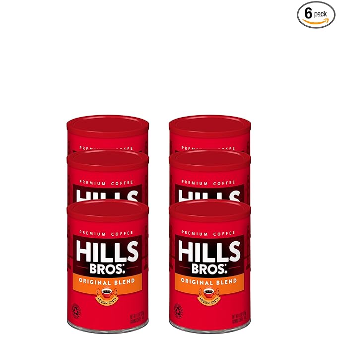 Hills Bros. Original Blend Ground Coffee – Premium Arabica Coffee Beans – Medium Roast Rich Flavor Cup After Cup – Recyclable Steel Can for Freshness – Certified Kosher – 11.3oz Can Pack of 6