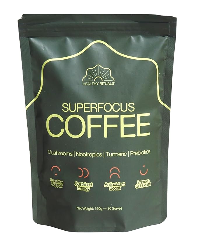 Healthy Rituals Mushroom Coffee SuperBlend Powder with Lion’s Mane MCT Oil L-Theanine Turmeric Prebiotic Fiber &amp L-Carnitine Naturally Sweet Rich &amp Smooth Premium Arabica Instant Coffee
