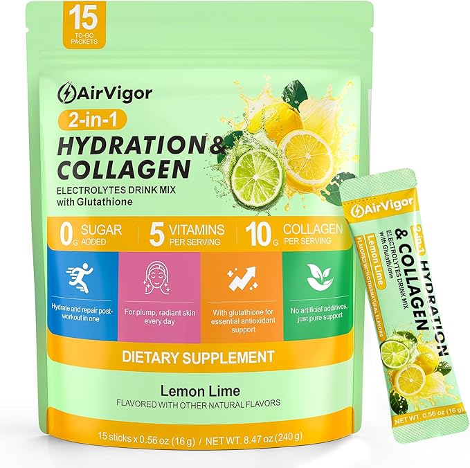 Electrolyte Collagen Powder Packets 10g Collagen Protein Drink Mix for Hydration Recovery Zero Sugar 2-in-1 Post Workout Rehydration Joint Skin Muscle Support 5 Vitamins Lemon Lime