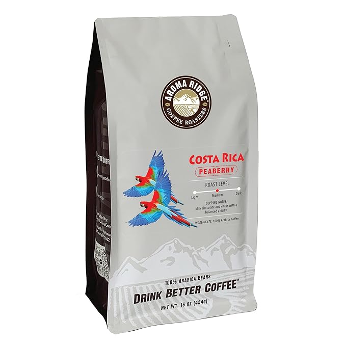 Costa Rica Peaberry| Whole Bean Coffee by Aroma Ridge | 16oz Medium Roast Gourmet Coffee Beans | Full Bodied Roasted Coffee Beans With Fruity Floral Notes