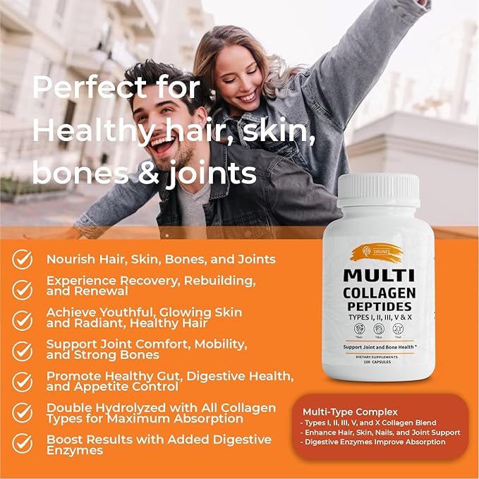 SIRUNES Multi Collagen Peptides Capsules - Non-GMO &amp Gluten Free Type I II III V X Hydrolyzed Collagen Supplements with Vitamin C - Supports Healthy Hair Skin Nails &amp Joints - 100 Capsu