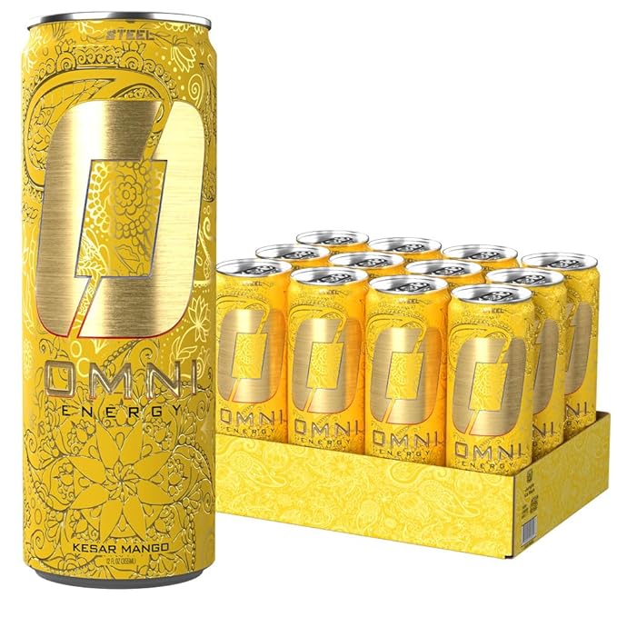 OMNI Energy Drink Kesar Mango 12 Oz (Pack of 12) | Contains 200mg Clean Caffeine B Vitamins | Sugar-Free Low Calorie Energy Drink for All-Day Vitality