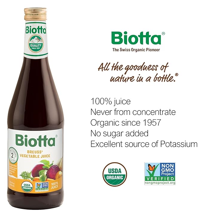 Biotta Organic Breuss Vegetable Juice - 100% Vegetable Juice for Energy Immunity &amp Wellness - Excellent Source of Nutrients - All Natural Non-GMO Gluten-Free (16.9 Fl Oz Pack of 6)
