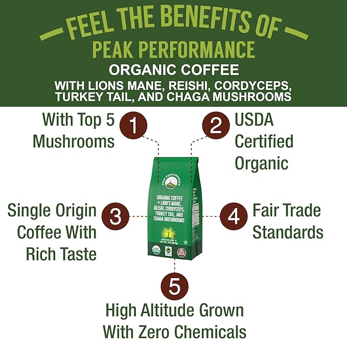 Organic Low Acid Mushroom Coffee with Lion's Mane Reishi Cordyceps Turkey Tail and Chaga Mushrooms - Great Tasting Premium High Altitude Medium Roast Ground Bags 10 oz by Peak Performance