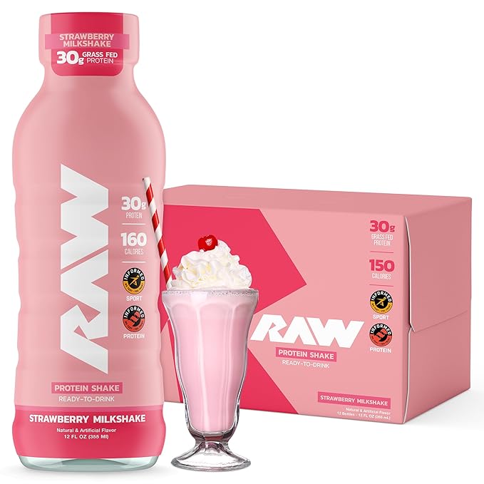RAW Ready-to-Drink Protein Shake Strawberry - RTD Protein Drinks with Grass-Fed Whey Protein Isolate for Post-Workout - Zero-Sugar &amp Gluten-Free Meal Replacement Drink &amp Breakfast Shake 12 F