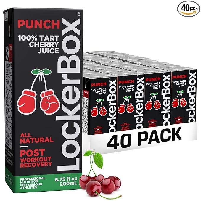 LockerBox PUNCH 100% Tart Cherry Juice Box (40 Pack) 6.75 oz | Organic Workout Recovery Drink | Natural Sleep Support | Sugar Free Zero Caffeine | Grab-and-Go Juice Boxes for Athletes &amp Teams