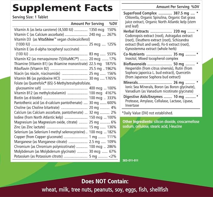 One n Only Whole Food Multivitamin by Pure Essence - Super Energetic Once a Day with Superfoods Minerals Enzymes Vitamin D D3 B12 Biotin - 60 Tablets
