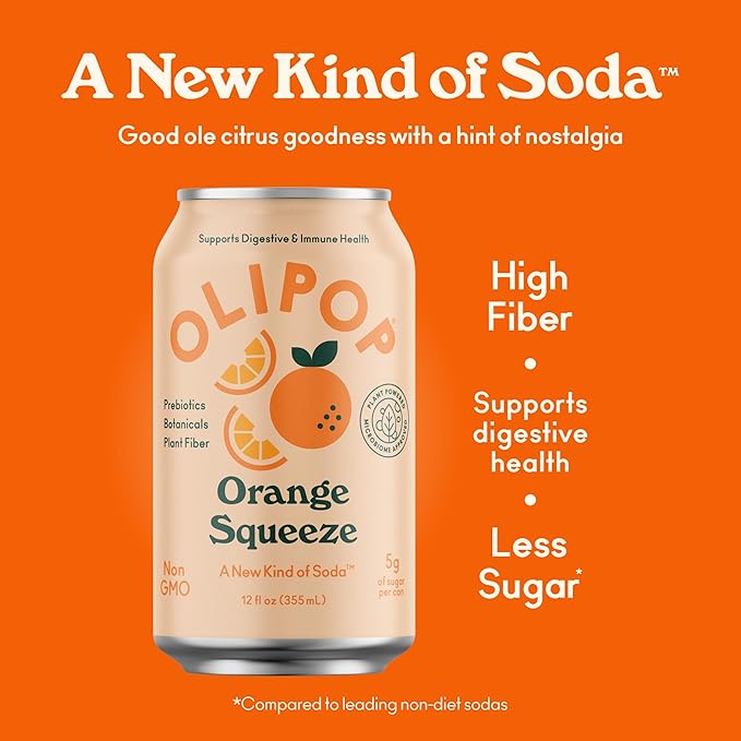 OLIPOP Prebiotic Soda Pop Orange Squeeze A New Kind of Soda Packed with Prebiotics Fiber and Botanicals Gluten Free GMO Free 12oz (12-Cans)