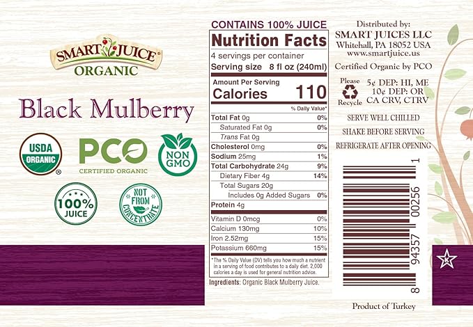 Smart Juice Organic Black Mulberry Juice - 33.8 fl oz (1L) - (case of 6)