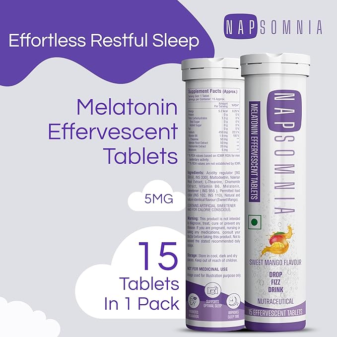 Melatonin Effervescent Tablets (Sweet Mango 30 Count) – Dissolvable Melatonin Capsules w/ L-Theanine Chamomile &amp More - Sleep Aid Supplement for Adults - Vegan Non GMO Melatonin Supplement