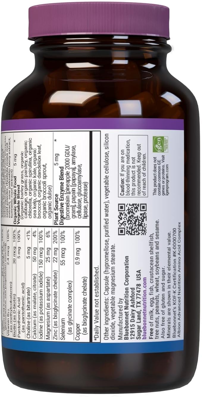 Bluebonnet Nutrition Men’s One Vegetable Capsule Whole Food Multiple K2 Organic Energy Vitality Non-GMO Gluten Soy &amp Milk Free Kosher 3 Month Supply 90 Count