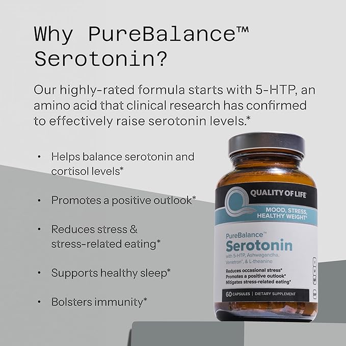 Quality of Life Pure Balance Serotonin Premium–Helps Boost Serotonin &amp Cortisol Levels - Includes 5-HTP Venetron Sensoril Vitamin D3 &amp L-Theanine–60 Capsules