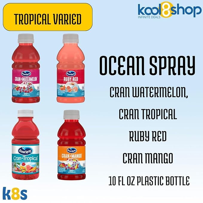Ocean Spray Tropical Varied Fruit Juice Drink 10 fl oz Plastic Bottles 24 Pack + 2 Reusable Snack Bags by KOOL8SHOP Infinite Deals