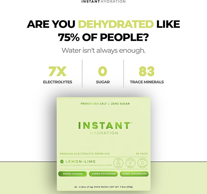 Instant Hydration Electrolytes Powder Packets - Lemon Lime Drink Mix - Zero Sugar - Keto Vegan Gluten-Free Non-GMO - Boost Recovery Brain Health Muscle &amp Tissue Support- 30 Sticks