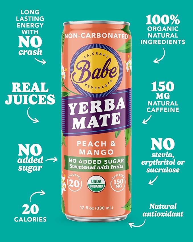 Babe Organic Yerba Mate Energy Drinks | NO SUGAR ADDED with 150mg Plant-Based Caffeine | Natural Yerba Mate Tea with No Crash No Jitters - Peach Mango &amp Passion Dragon (6 x 12oz Cans)
