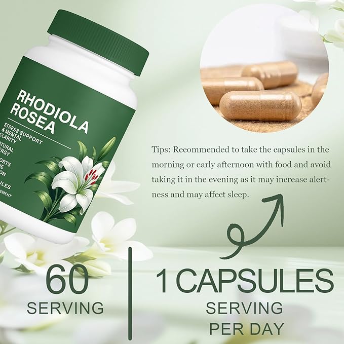 Floraviva Rhodiola Rosea Capsules | 500mg Rhodiola Rosea Extract Supplement for Stress Support Mental Focus &amp Energy Immune Function Non-GMO 60 Capsules