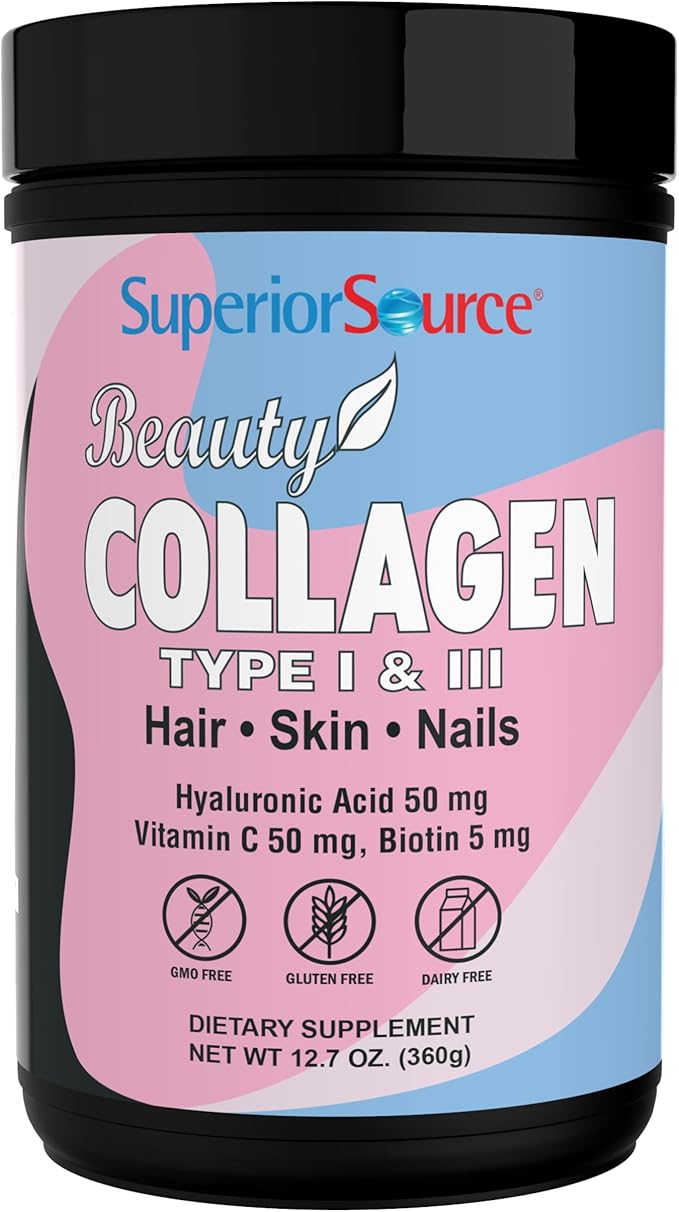 Superior Source Beauty Collagen - Collagen Powder from Grass-Fed Cows - Supports Healthy Hair Nails &amp Skin - Features Biotin Vitamin C &amp Hyaluronic Acid - 12.7 oz